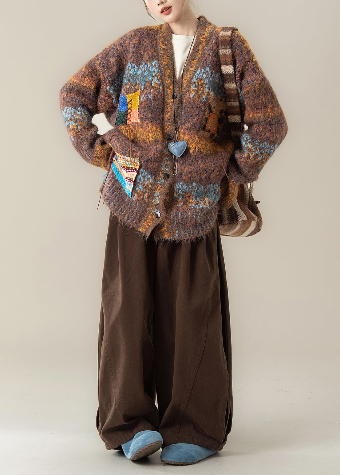 Boutique Coffee V Neck Sweater Coat T Shirt Pants 3 Piece Outfit Winter