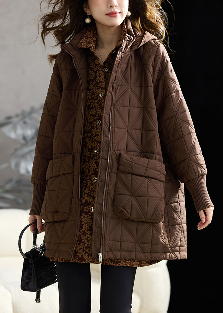 Boutique Coffee Zip Up Pockets Fine Cotton Filled Hooded Coats Winter