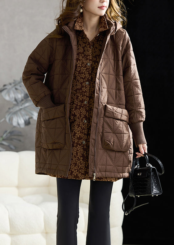 Boutique Coffee Zip Up Pockets Fine Cotton Filled Hooded Coats Winter