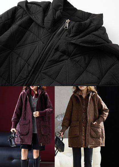 Boutique Coffee Zip Up Pockets Fine Cotton Filled Hooded Coats Winter