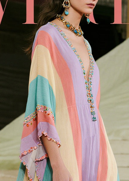 Boutique Colorblock Ruffled Striped Cotton Ankle Dress Batwing Sleeve