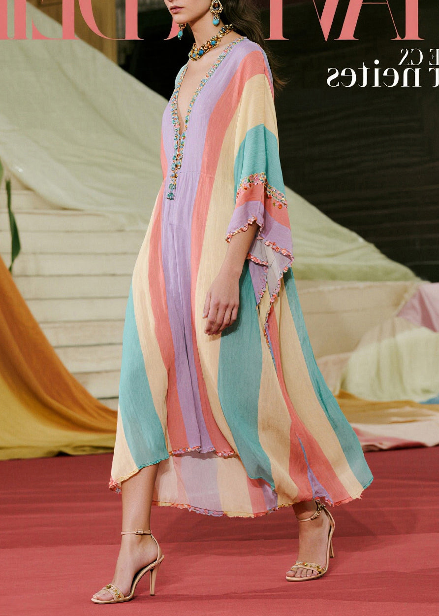 Boutique Colorblock Ruffled Striped Cotton Ankle Dress Batwing Sleeve