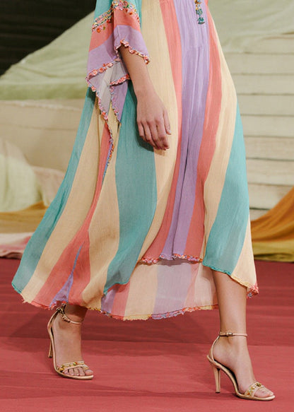 Boutique Colorblock Ruffled Striped Cotton Ankle Dress Batwing Sleeve