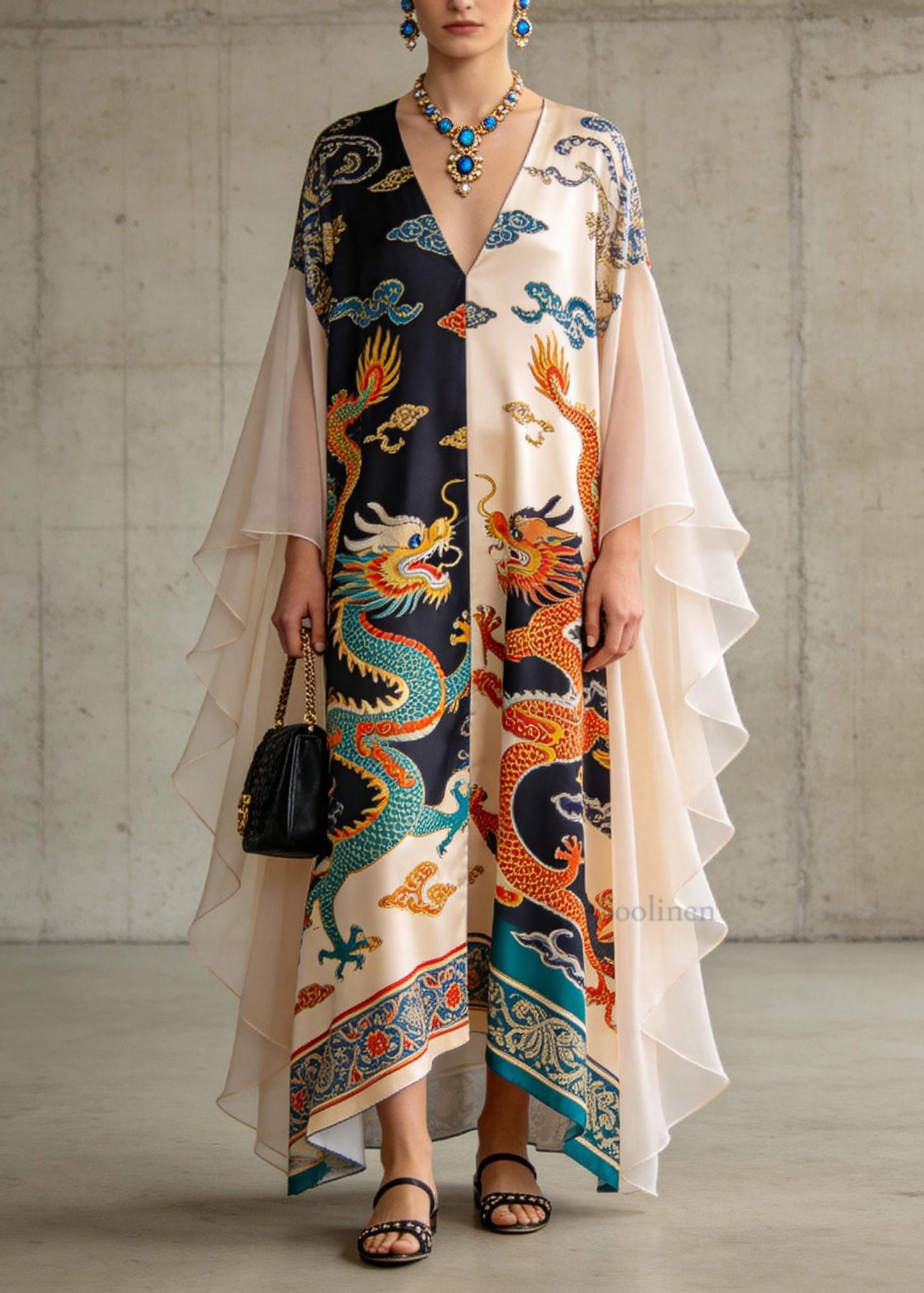 Boutique Colorblock V Neck Patchwork Chiffon Vacation Dresses Summer