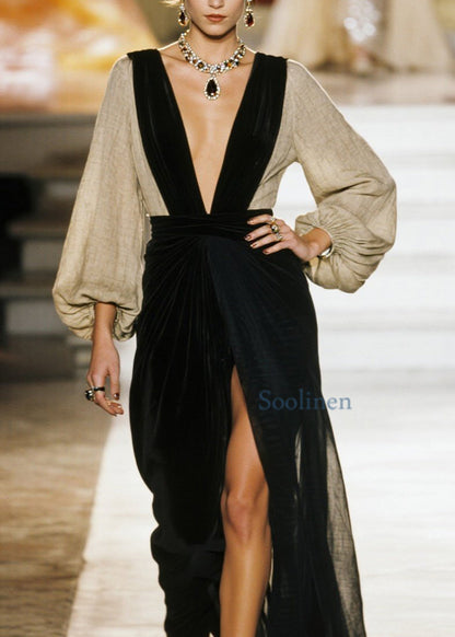 Boutique Colorblock V Neck Patchwork Side Open Cotton Dress Spring