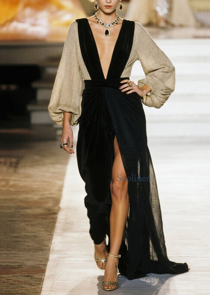 Boutique Colorblock V Neck Patchwork Side Open Cotton Dress Spring