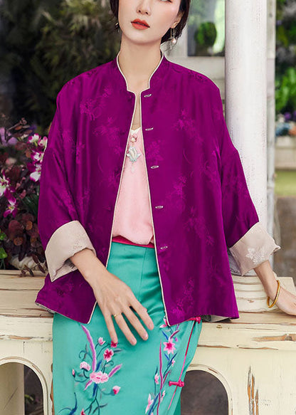 Boutique Colorblock-Knopf Stehkragen Beidseitig tragbar Print Seidenmäntel Frühling