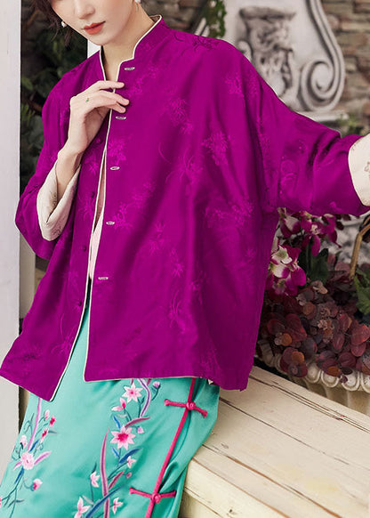 Boutique Colorblock-Knopf Stehkragen Beidseitig tragbar Print Seidenmäntel Frühling