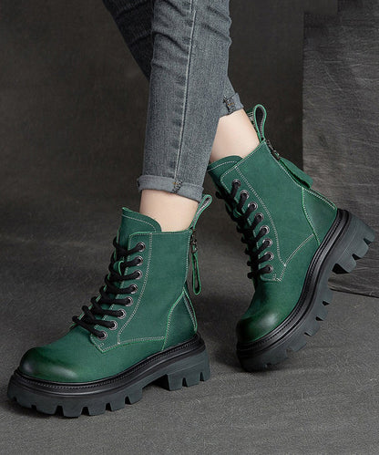 Boutique Cowhide Leather Green Splicing Boots Lace Up