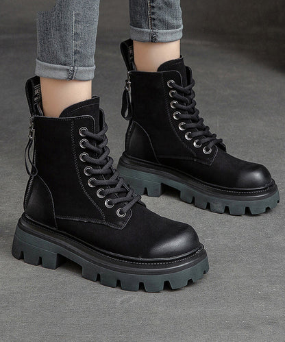 Boutique Cowhide Leather Green Splicing Boots Lace Up