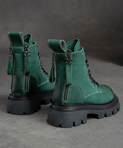 Boutique Cowhide Leather Green Splicing Boots Lace Up