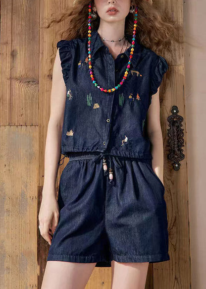 Boutique Dark Blue Peter Pan Collar Denim Shirt And Shorts Two Pieces Set Short Sleeve