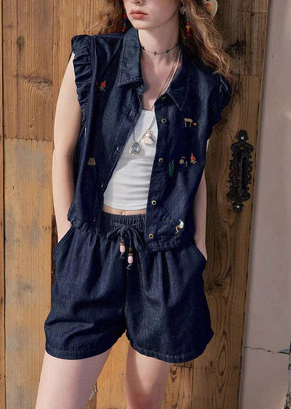 Boutique Dark Blue Peter Pan Collar Denim Shirt And Shorts Two Pieces Set Short Sleeve