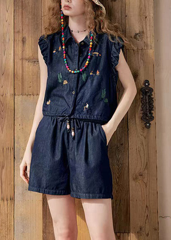 Boutique Dark Blue Peter Pan Collar Denim Shirt And Shorts Two Pieces Set Short Sleeve