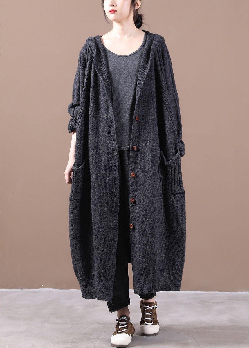 Boutique Dark Grey KnitLong sleeve Fall Long Loose Coat - SooLinen