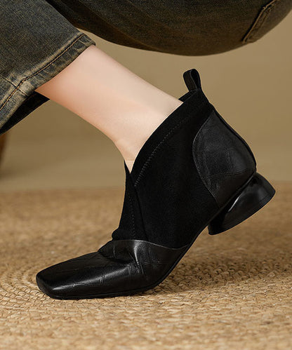 Botines Boutique con Empalme en Relieve en Piel de Vaca Negra