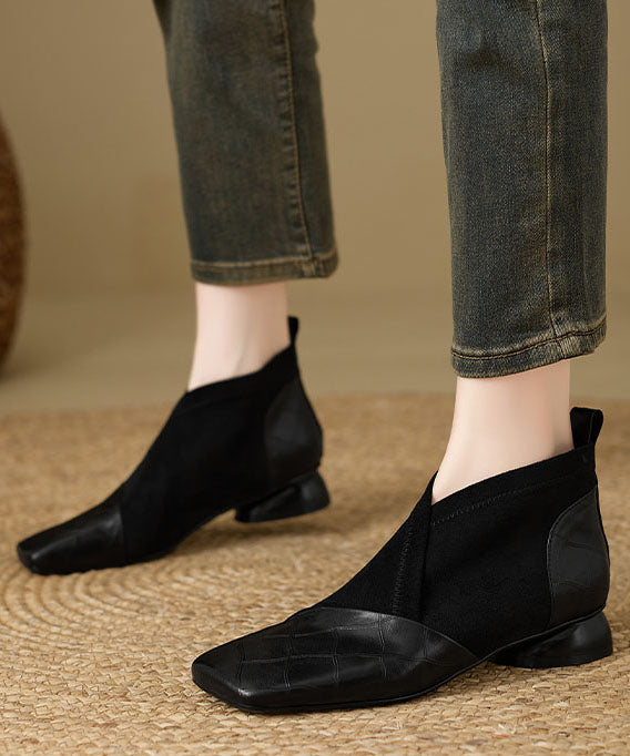 Botines Boutique con Empalme en Relieve en Piel de Vaca Negra