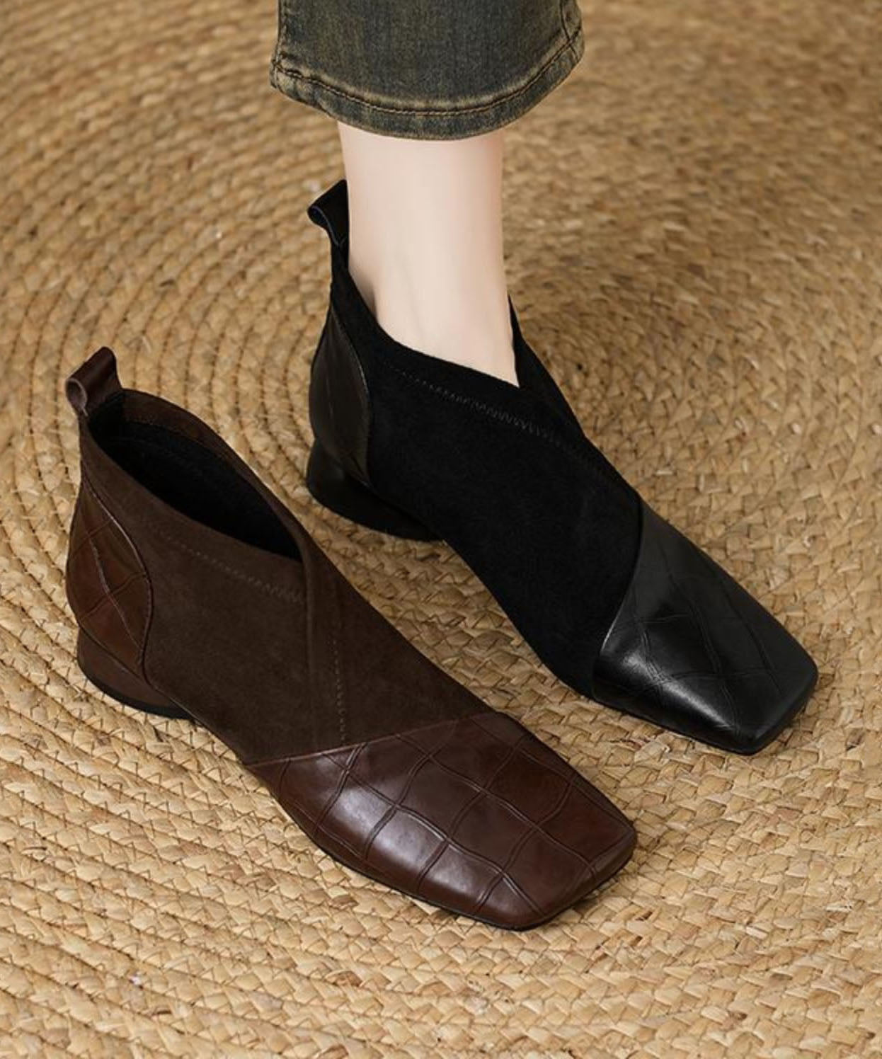 Botines Boutique con Empalme en Relieve en Piel de Vaca Negra