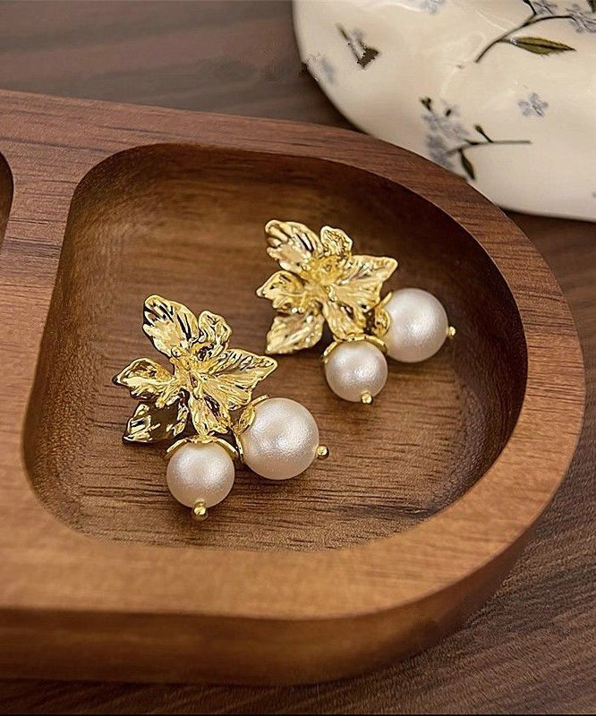 Boutique Gold Copper Overgild Pearl Floral Stud Earrings