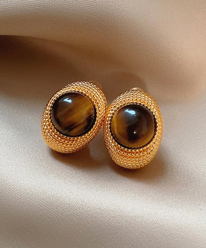Boutique Gold Copper Overgild Tiger's Eye Stud Earrings