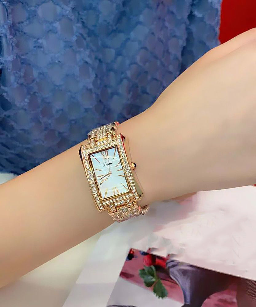 Boutique Gold Metal Zircon Rectangle Waterproof Watches