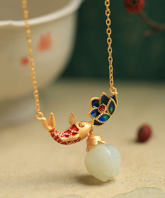 Boutique Gold Halskette mit Anhänger aus Sterlingsilber mit antikem Jade-Lotus-Emaille