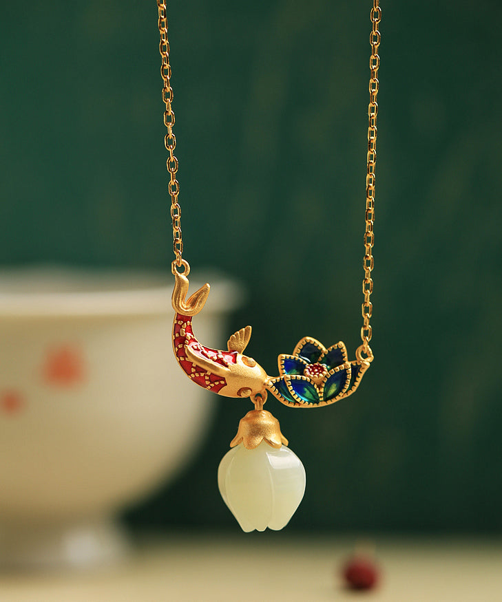 Boutique Gold Halskette mit Anhänger aus Sterlingsilber mit antikem Jade-Lotus-Emaille