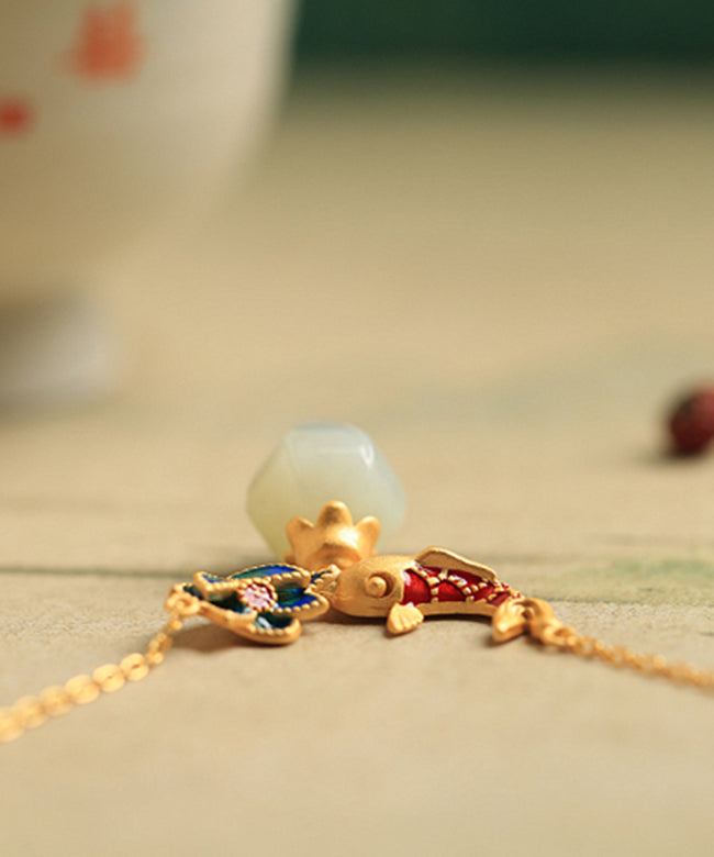 Boutique Gold Halskette mit Anhänger aus Sterlingsilber mit antikem Jade-Lotus-Emaille