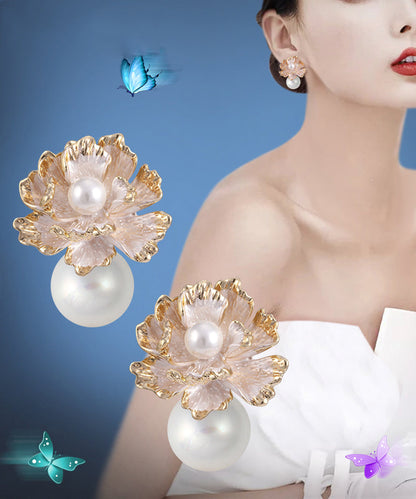 Pendientes de botón florales con perlas doradas de plata esterlina y oro boutique