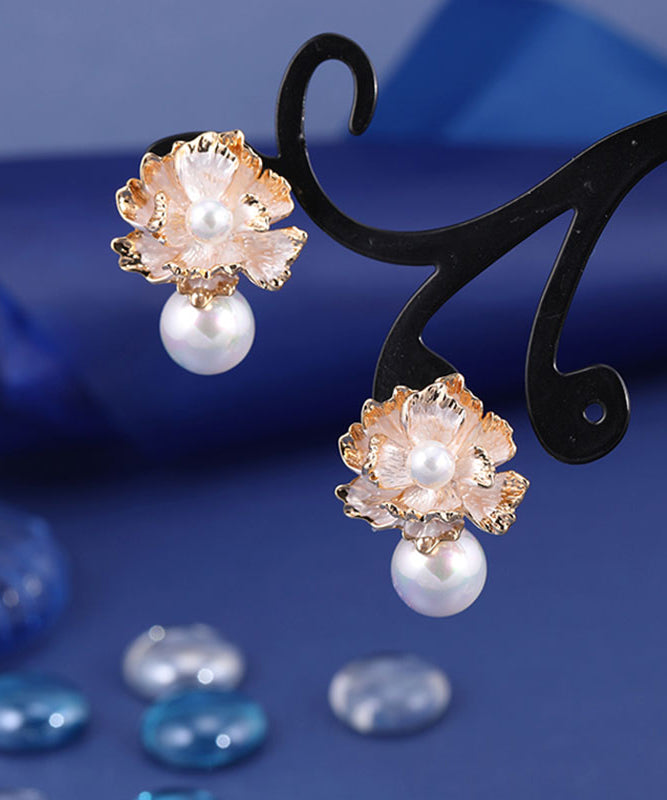 Pendientes de botón florales con perlas doradas de plata esterlina y oro boutique