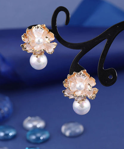 Pendientes de botón florales con perlas doradas de plata esterlina y oro boutique