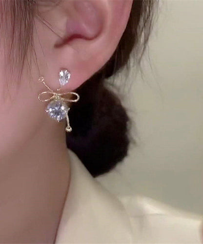 Pendientes colgantes con lazo de cristal y circonitas doradas de plata de ley de boutique