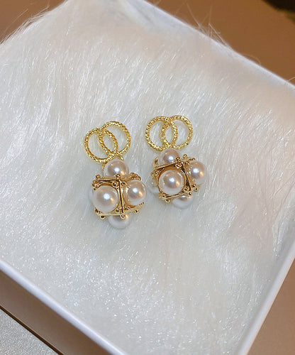 Pendientes colgantes de perla y circonitas doradas de plata esterlina boutique