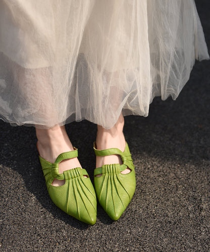 Boutique Green Cowhide Leather Splicing Slide Sandals Pointed Toe