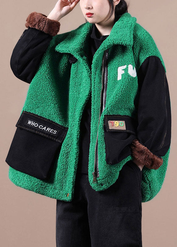 Boutique Grün Bestickt denim Patchwork Kunstpelz Jacken Winter