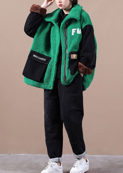 Boutique Grün Bestickt denim Patchwork Kunstpelz Jacken Winter