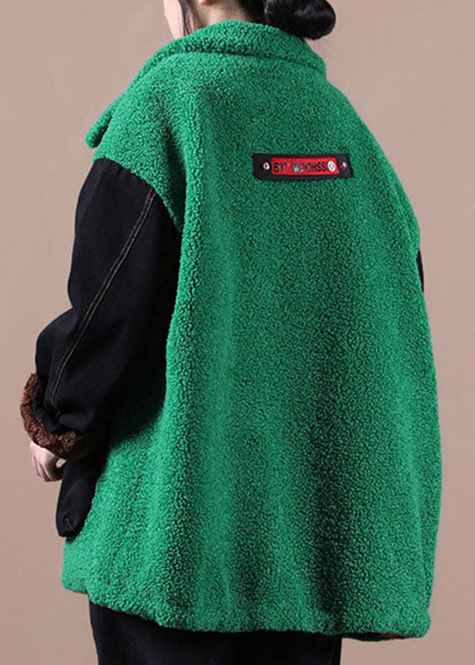 Boutique Grün Bestickt denim Patchwork Kunstpelz Jacken Winter