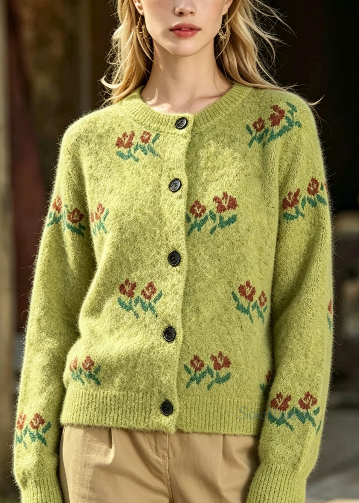 Boutique Green O Neck Button Jacquard Knit Cardigans Fall