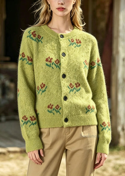 Boutique Green O Neck Button Jacquard Knit Cardigans Fall