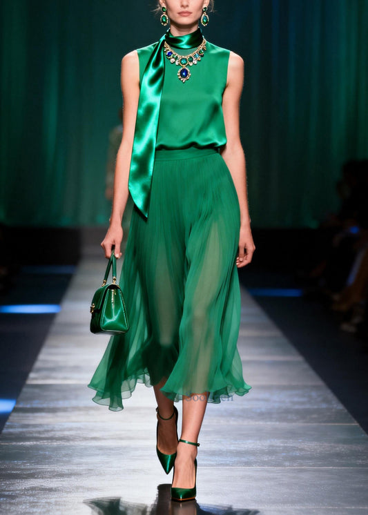 Boutique Green O-Neck Silk Women Sets 2 Pieces Sleeveless