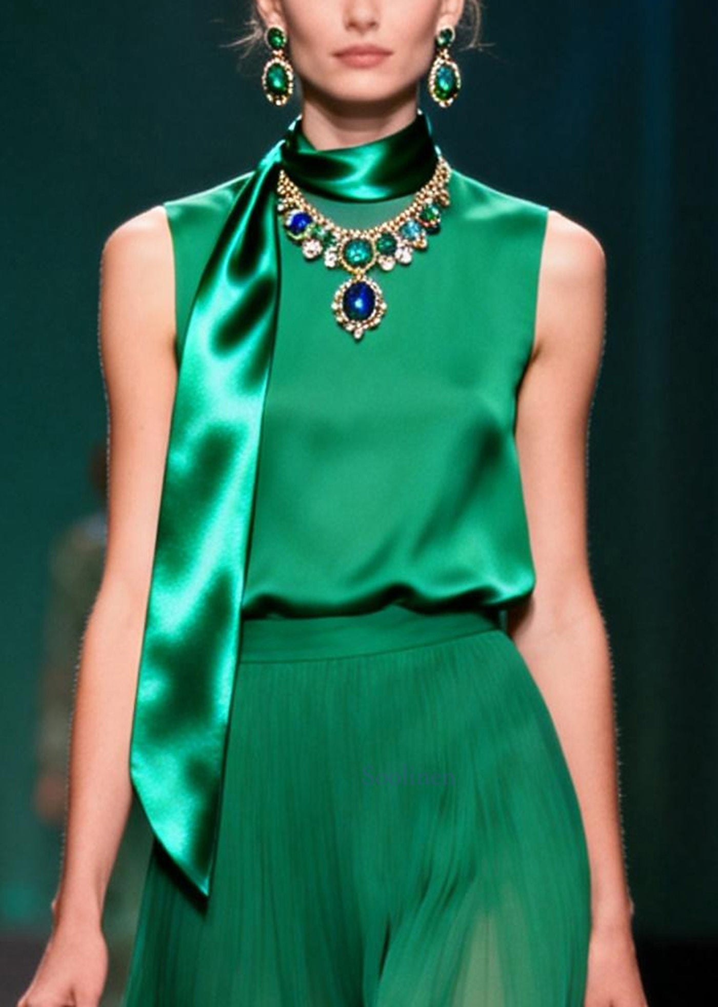 Boutique Green O-Neck Silk Women Sets 2 Pieces Sleeveless