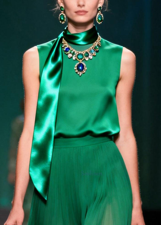 Boutique Green O-Neck Silk Women Sets 2 Pieces Sleeveless