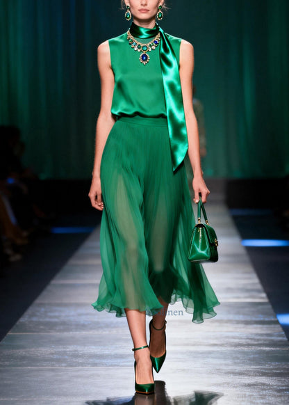 Boutique Green O-Neck Silk Women Sets 2 Pieces Sleeveless