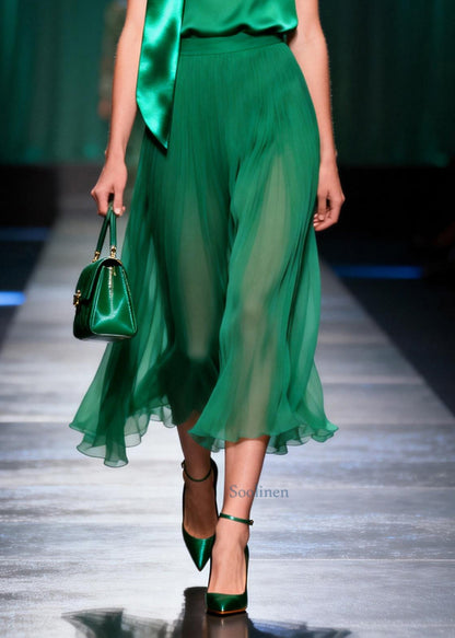 Boutique Green O-Neck Silk Women Sets 2 Pieces Sleeveless
