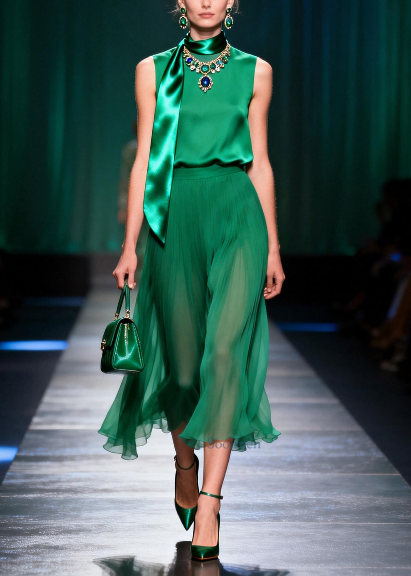 Boutique Green O-Neck Silk Women Sets 2 Pieces Sleeveless