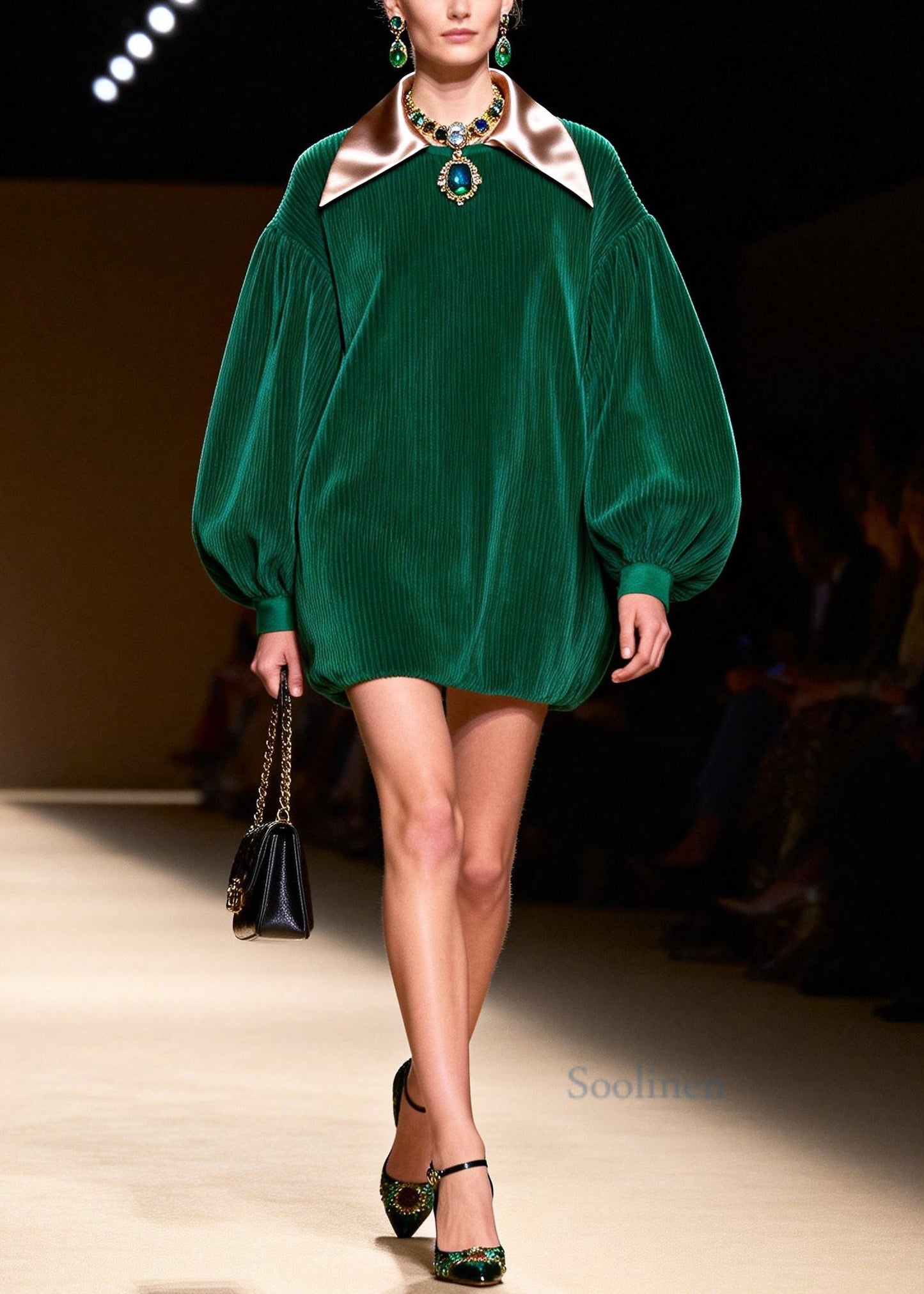Boutique Green Oversized Patchwork Corduroy Vacation Dress Lantern Sleeve
