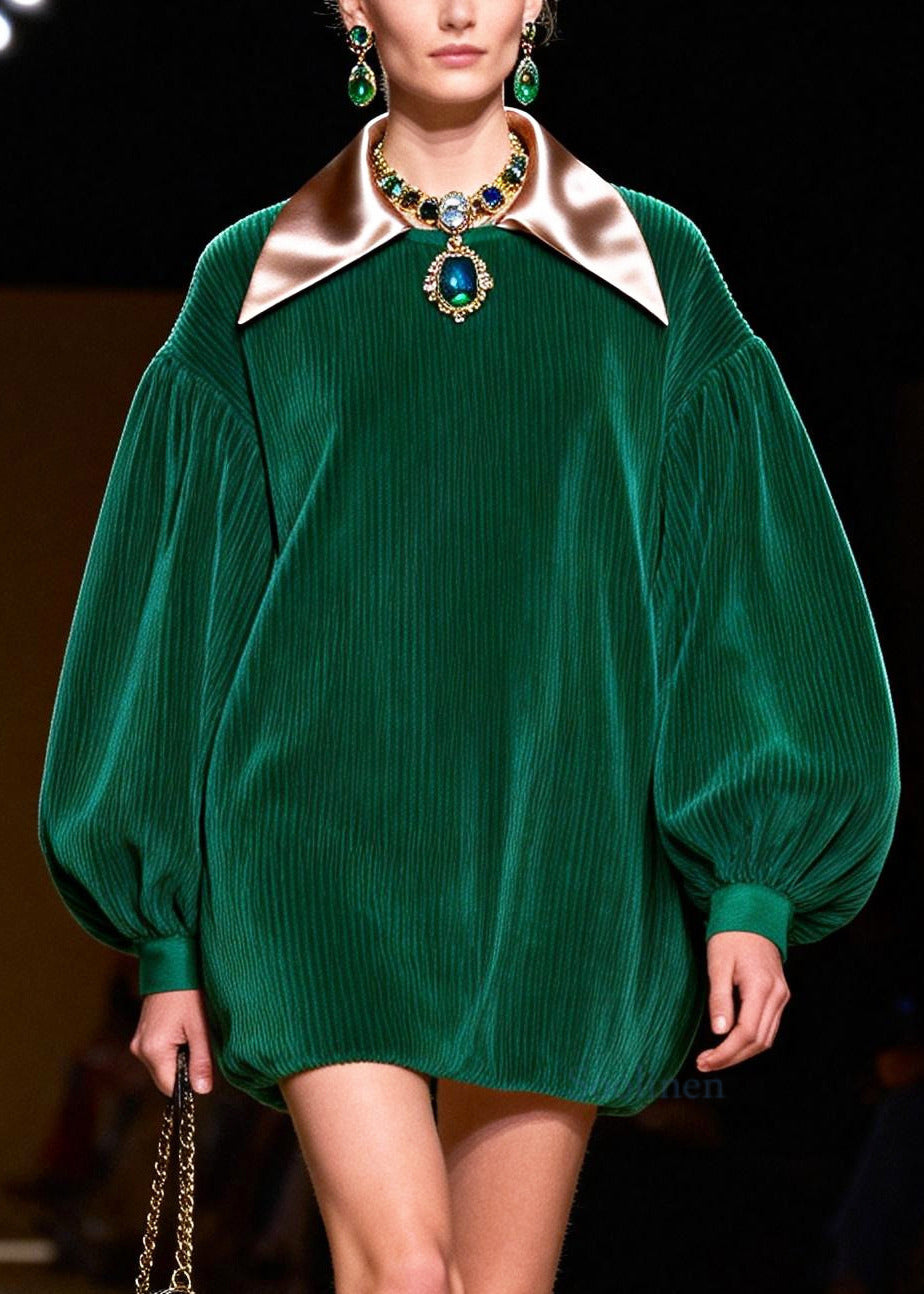 Boutique Green Oversized Patchwork Corduroy Vacation Dress Lantern Sleeve