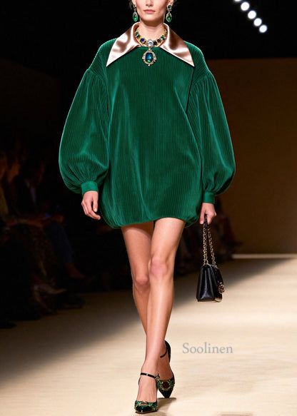 Boutique Green Oversized Patchwork Corduroy Vacation Dress Lantern Sleeve
