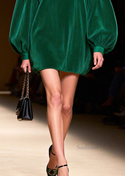 Boutique Green Oversized Patchwork Corduroy Vacation Dress Lantern Sleeve