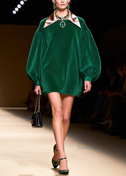 Boutique Green Oversized Patchwork Corduroy Vacation Dress Lantern Sleeve
